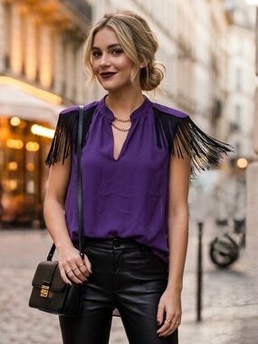BCBGeneration Purple Sleeveless Fringe Shoulder Blouse size M